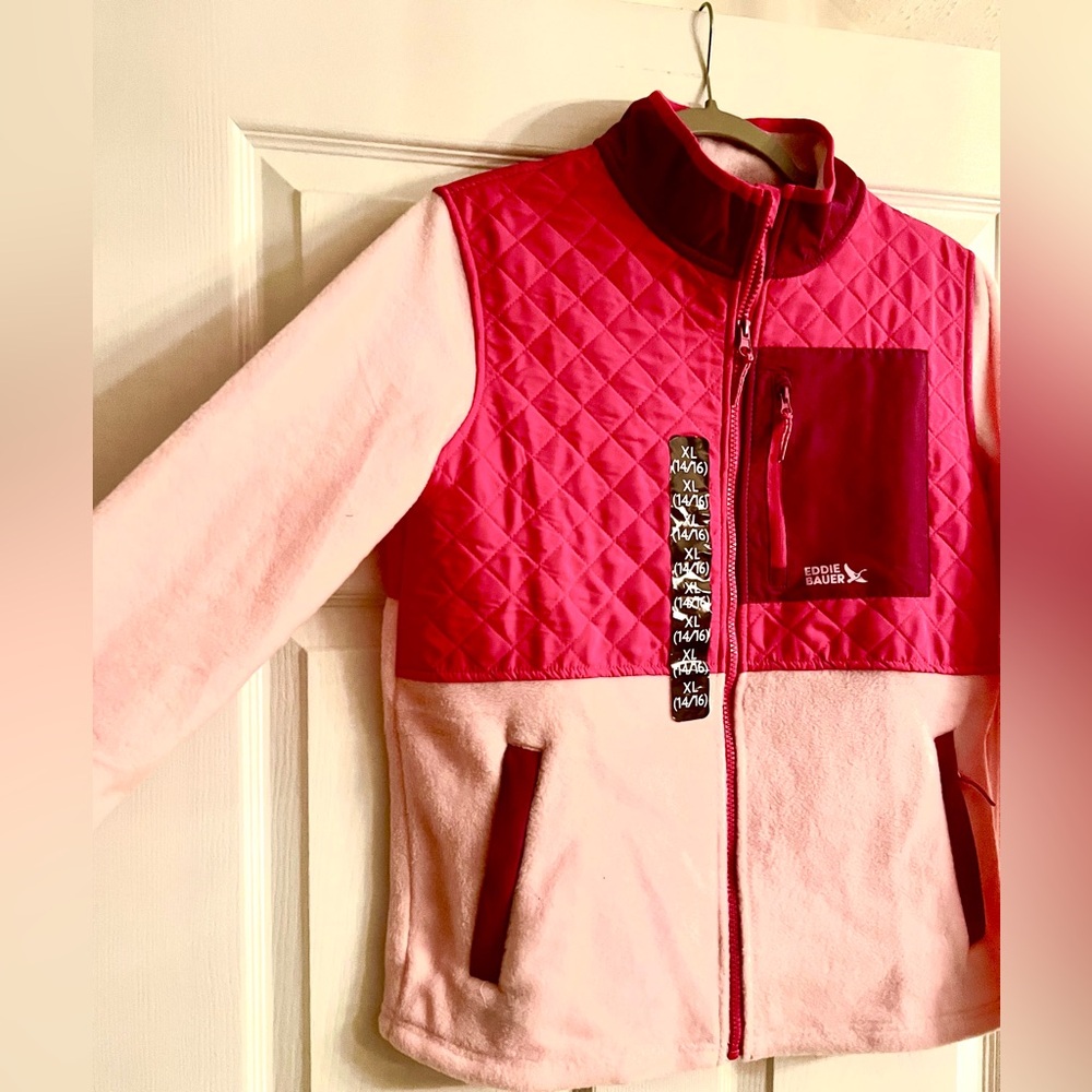 NEW Eddie Bauer Sz XL 14/16 Girls Color Block Pink Polar Fleece Jacket.